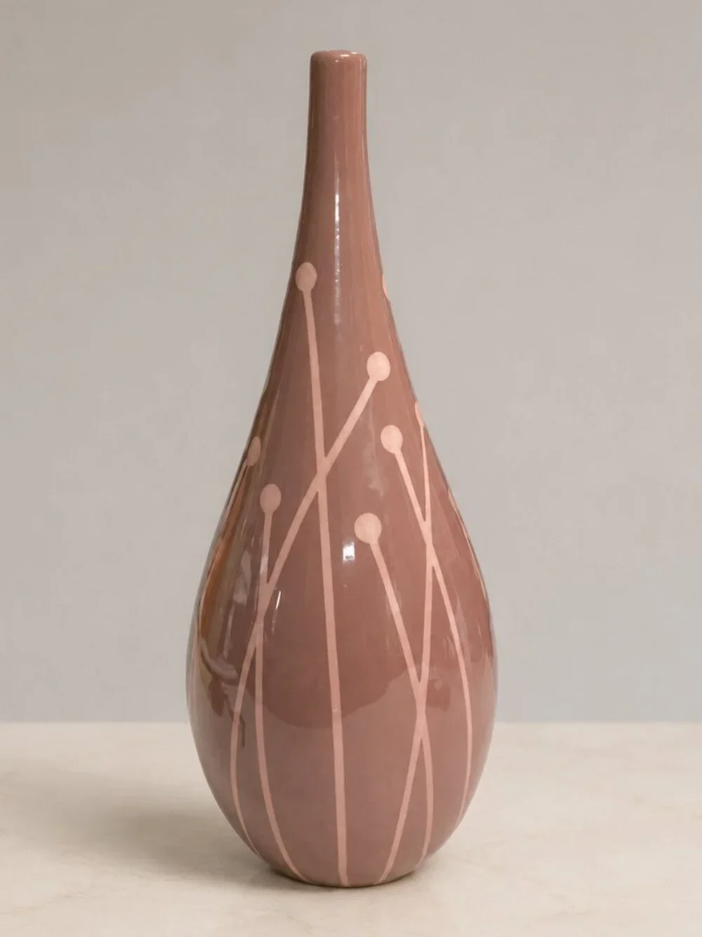 Vintage MCM Mauve Pink Ceramic Teardrop Vase Mod Botanical Design 12
